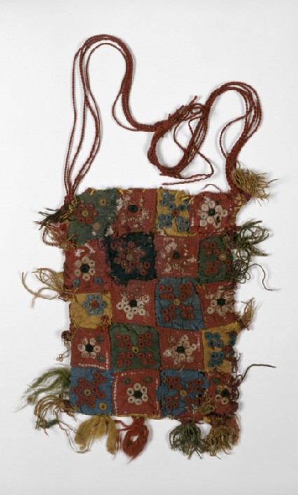 Quilted bag with rosettes, stars, and quatrefoils, probably an amulet-bagfront