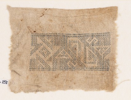 Textile fragment with spiral, inverted hooks, triangles, and S-shapesfront