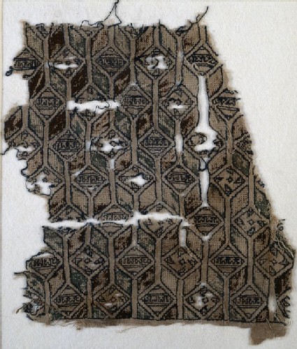 Textile fragment with linked diamond-shapes, hexagons, and pseudo-inscriptionfront