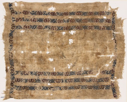 Textile fragment with six bands of diamond-shapes, crosses, and pseudo-inscriptionfront