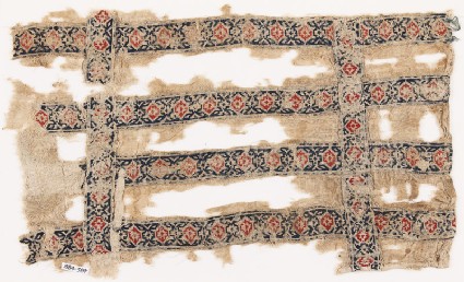 Textile fragment with six bands containing linked circlesfront