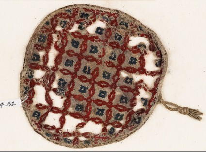 Textile fragment with diamond-shapes and linked quatrefoils, possibly a jar coverfront