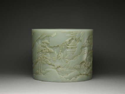 Jade brush pot with a mountain landscapeside