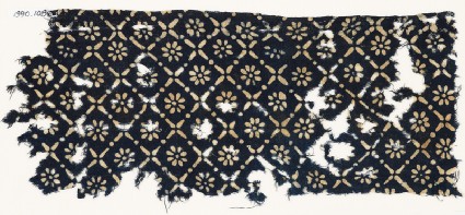 Textile fragment with flowers, dots, and rosettesfront