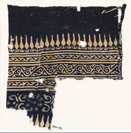 Textile fragment with stylized bodhi leaves, vines, and a rosettefront