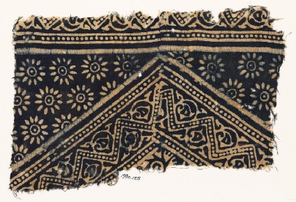 Textile fragment with dotted zigzags, leaves, and rosettesfront