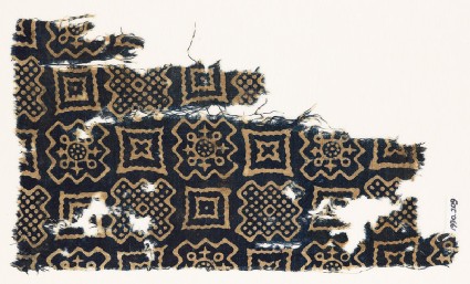 Textile fragment with squares, stepped squares, stars, and crossesfront