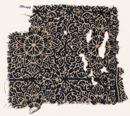 Textile fragment with elaborate rosettes, tendrils, and leavesfront