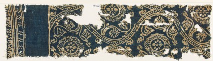 Textile fragment with lotus vines, medallions, rosettes, and inscriptionfront