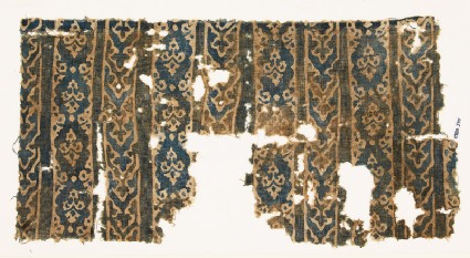 Textile fragment with bands of interlocking chevrons and linked medallionsfront