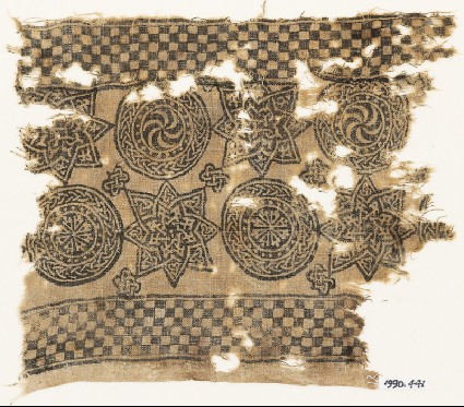 Textile fragment with spirals in braided circles, and starsfront