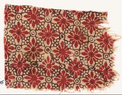 Textile fragment with rosettes, linked circles, and lobed leavesfront