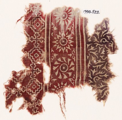 Textile fragment with rosettes, stepped squares, and Maltese crossesfront
