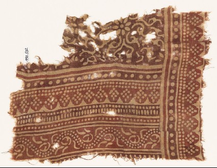 Textile fragment with bands of dotted patterns, vine, rosettes, and tendrilsfront