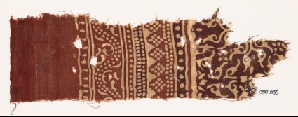 Textile fragment with bands of dotted patterns, vine, and stylized leavesfront