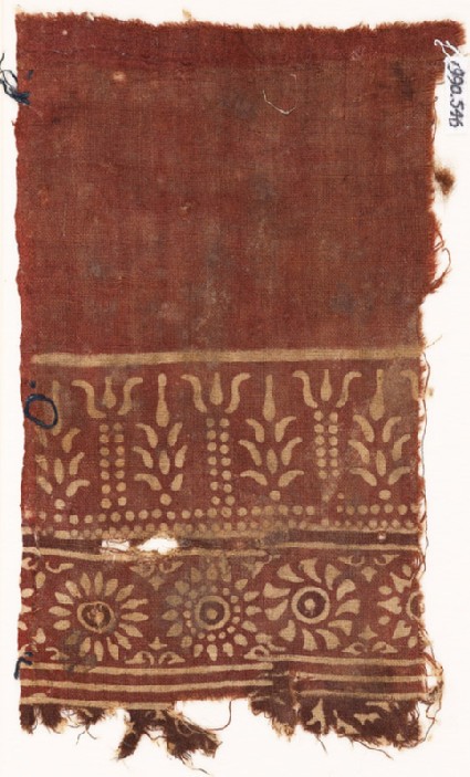 Textile fragment with stylized trees, columns, and rosettesfront