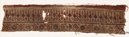 Textile fragment with bands of stylized trees or leaves, rosettes, and stepped squaresfront
