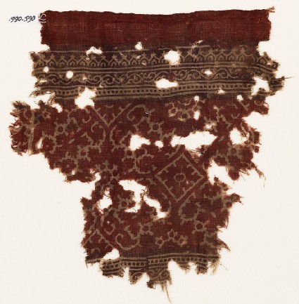 Textile fragment with tendrils, ornate rosettes, and squaresfront
