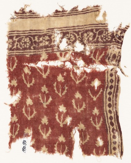 Textile fragment with flowers, stems, and leavesfront