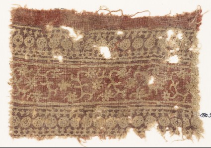 Textile fragment with bands of circles, arches, stars, tendrils, and rosettesfront
