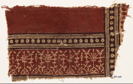 Textile fragment with plants, half-medallions, and bands of rosettesfront
