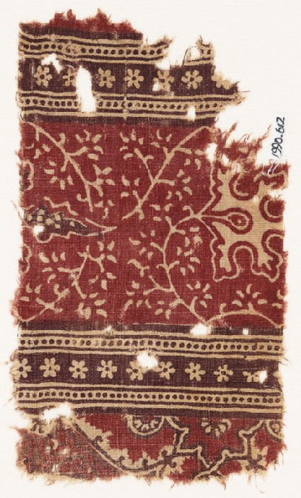 Textile fragment with stems, leaves, flowers, and rosettesfront