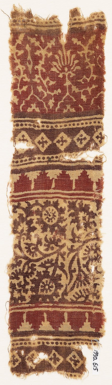Textile fragment with stylized plants, tendrils, and flower-headsfront