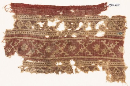 Textile fragment with bands of crossed tendrils, rosettes, and linked squaresfront
