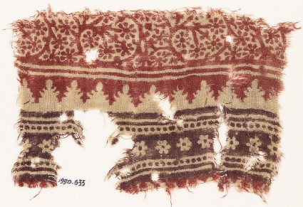Textile fragment with bands of tendrils, rosettes, and crenellationsfront