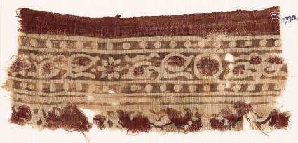 Textile fragment with bands of rosettes, leaves, and dotsfront