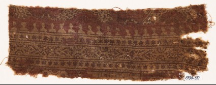 Textile fragment with bands of stars, hearts, circles, and crenellationsfront