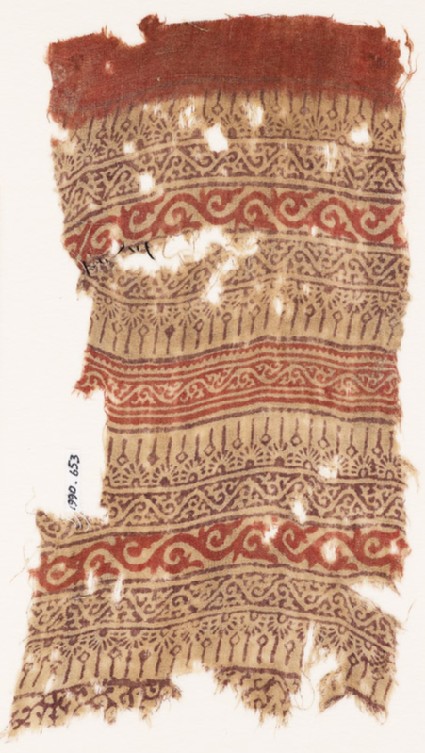 Textile fragment with bands of half-rosettes and vinesfront