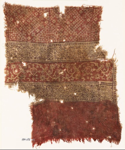 Textile fragment with squares, tendrils, flowers, and bandhani, or tie-dye, imitationfront