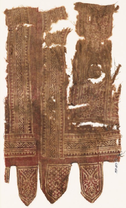 Textile fragment with medallions, linked rosettes, vines, and tabsfront