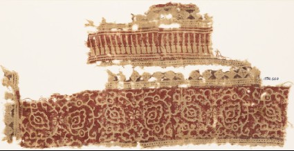 Textile fragment with an ornate vine, flower-heads, and trianglesfront