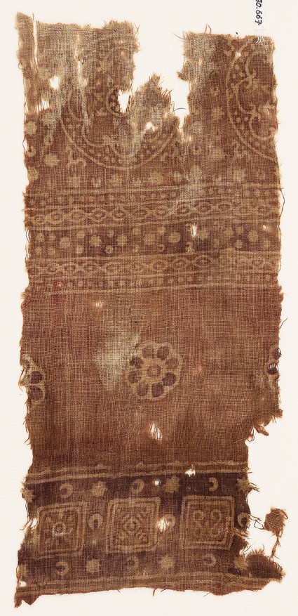 Textile fragment with squares, rosettes, and dotted circlesfront