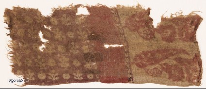 Textile fragment with leaves, flowers, plants, and circlesfront