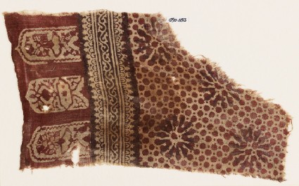 Textile fragment with rosettes, dots, and tab-shapesfront