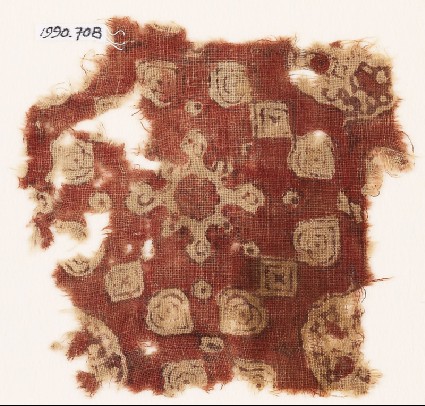 Textile fragment with rosette, lobed shape, squares, and heartsfront