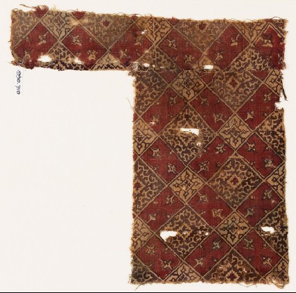 Textile fragment with linked squares, tendrils, and quatrefoilsfront