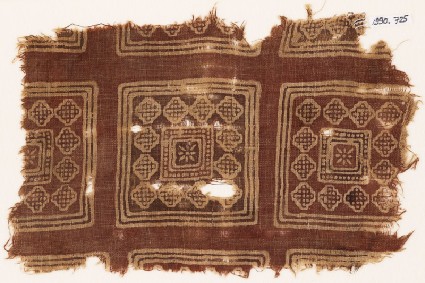 Textile fragment possibly imitating patola pattern, with squares, rosettes, and diamond-shapesfront