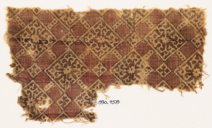Textile fragment with linked squares, flowers, and tendrilsfront