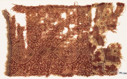 Textile fragment with pointed ovals, squares, and tendrilsfront