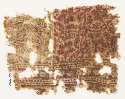 Textile fragment with quatrefoil, stylized stem, and leaffront