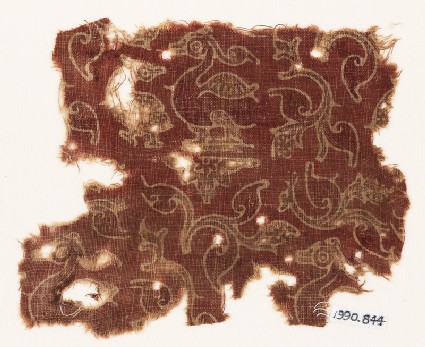 Textile fragment with leaves, hamsa, or geese, and quatrefoilsfront