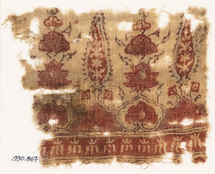 Textile fragment with stylized trees and flower-headsfront