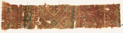Textile fragment with bands of tendrils, flowers, and squaresfront