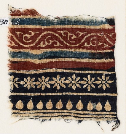 Textile fragment with bands of vine, rosettes, and tear-dropsfront