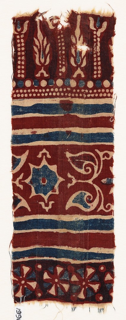 Textile fragment with stylized trees, a star, and leavesfront