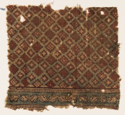 Textile fragment probably imitating patola pattern, with a grid of stepped diamond-shapesfront